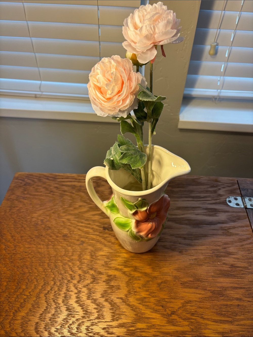 Cream Ceramic Pitcher Vase with Peach Floral Relief